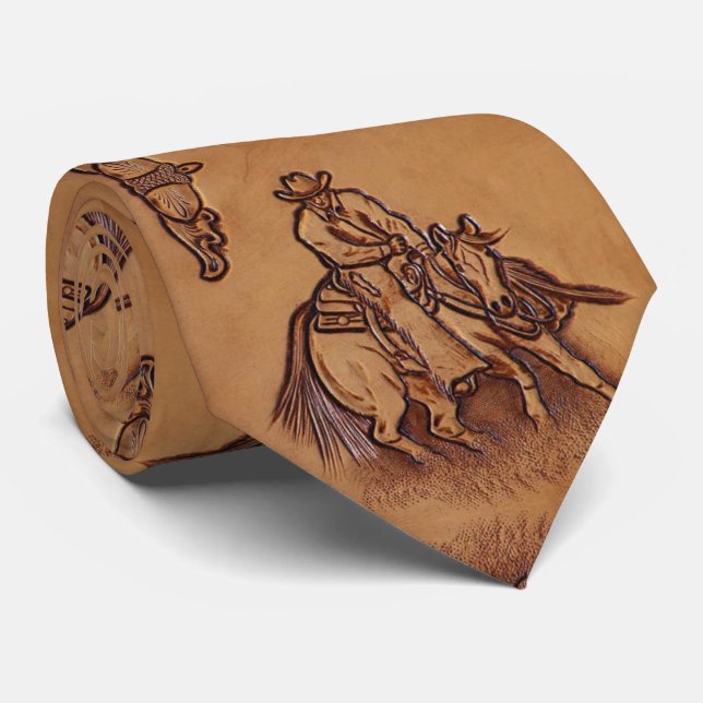 Vintage Western country cowboy tooled leather Tie (Rolled)