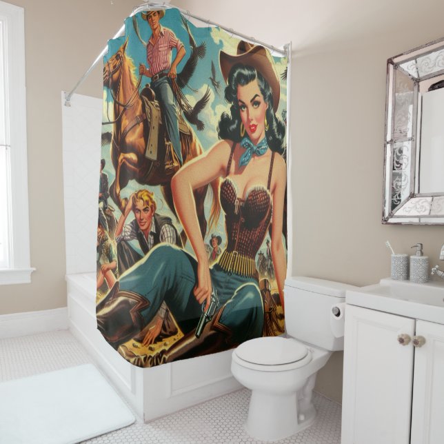 Vintage Western Country Girl Shower Curtain (In Situ)