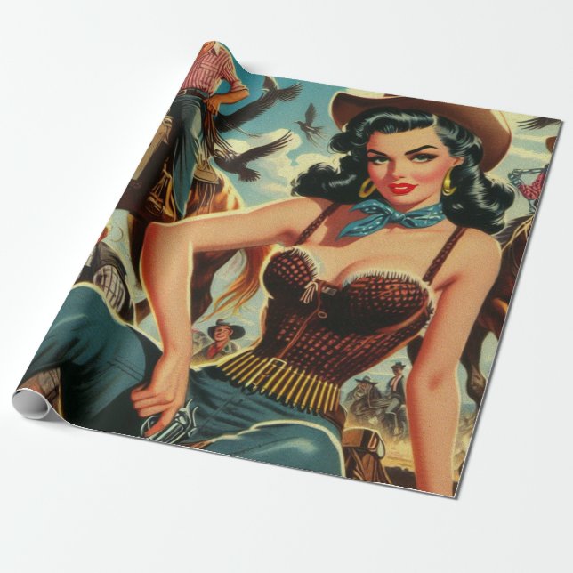Vintage Western Country Girl Wrapping Paper (Unrolled)