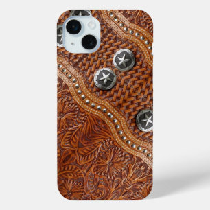 vintage western country pattern studded leather iPhone 15 mini case