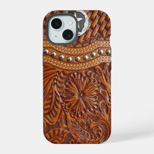 vintage western country pattern studded leather iPhone 15 case