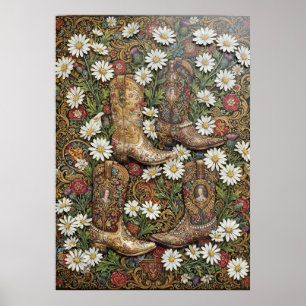Vintage Western Cowboy Boots Daisy Floral Pattern  Poster