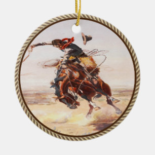 Vintage Western Cowboy Bronc Rider Ceramic Tree Decoration