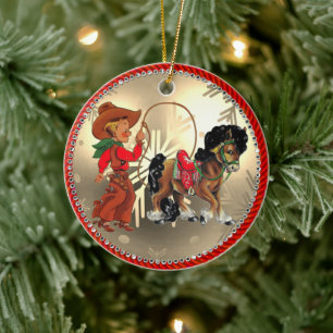 Vintage Western Cowboy Kid Horse and Rope Ceramic Tree Decoration