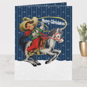 Vintage Western Cowboy Kid Horse Rope Christmas Card