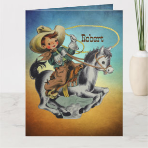 Vintage Western Cowboy Kid On Horse with Rope  Card