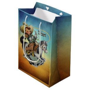 Vintage Western Cowboy Kid On Horse with Rope  Medium Gift Bag