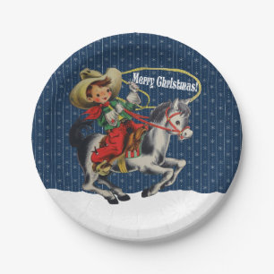 Vintage Western Cowboy Kid  Rope Merry Christmas Paper Plate