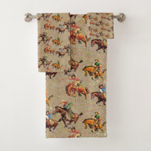 Vintage Western Cowboy Kids on Horses  Bath Towel Set