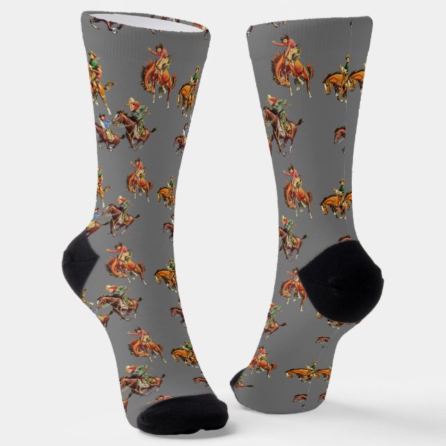 Vintage Western Cowboy Kids On Horses Socks (Angled)