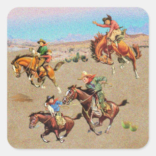 Vintage Western Cowboy Kids on Horses Square Sticker