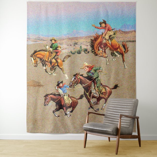 Vintage Western Cowboy Kids on Horses   Tapestry (In Situ)