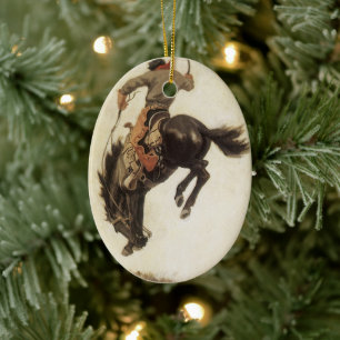 Vintage Western, Cowboy on a Bucking Bronco Horse Ceramic Tree Decoration