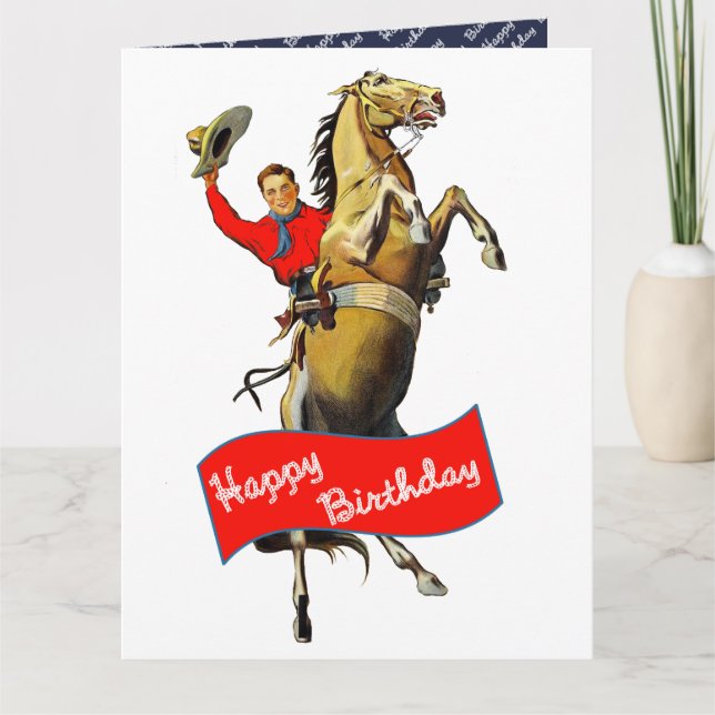 Vintage Western Cowboy Rearing Horse Birthday Card (Front)