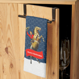 Vintage Western Cowboy Rearing Horse Christmas Tea Towel