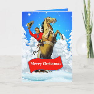 Vintage Western Cowboy Rearing Horse Merry Christm Card