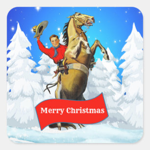 Vintage Western Cowboy Rearing Horse Merry Christm Square Sticker