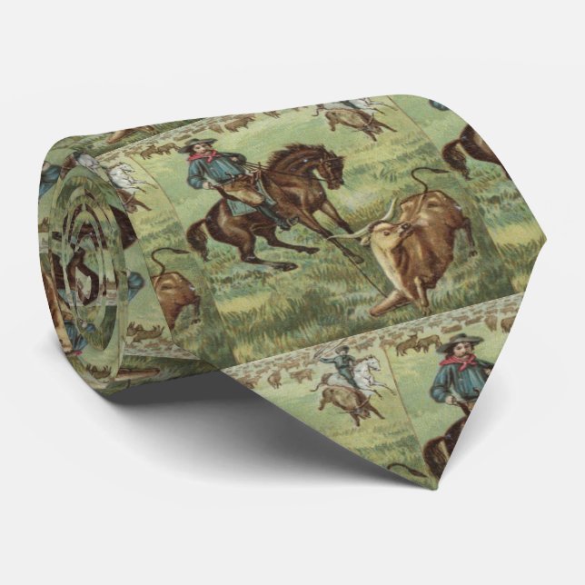 Vintage Western Cowboy Roping Steer Necktie (Rolled)