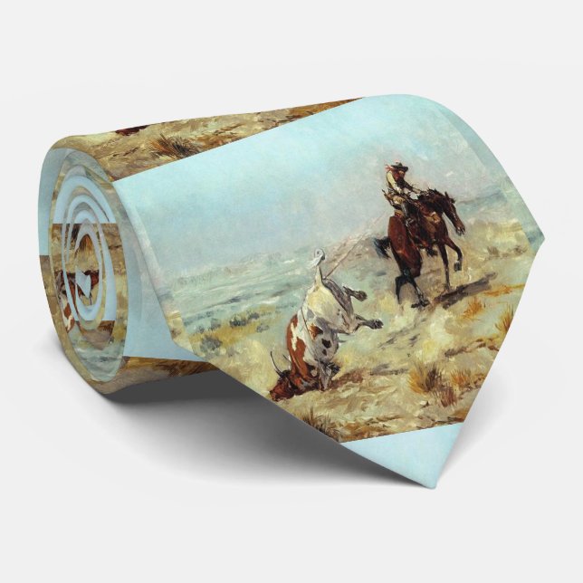 Vintage Western Cowboy Roping Steer Necktie (Rolled)