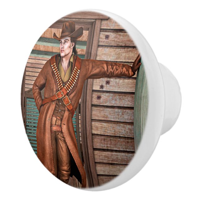 Vintage Western Cowboy Rustic Frontier Art Ceramic Knob (Right)