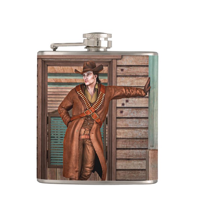 Vintage Western Cowboy Rustic Frontier Art Hip Flask (Front)