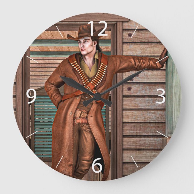 Vintage Western Cowboy Rustic Frontier Art Large Clock (Front)