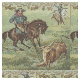 Vintage Western Cowboy Steer Roping Fabric