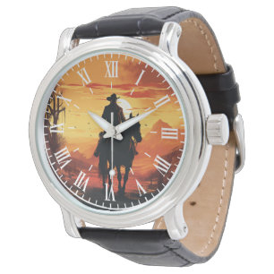 Vintage Western Cowboy Sunset Roman Men's Leather  Watch