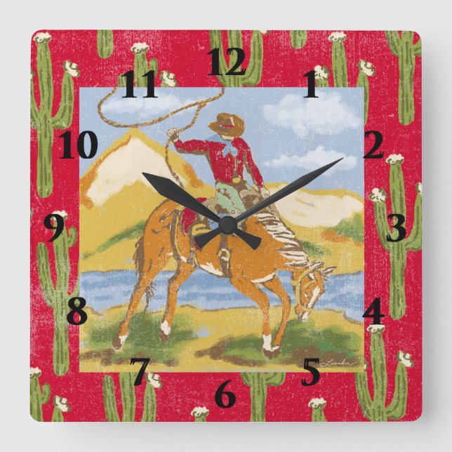 Vintage Western Cowboy Wild West Square Wall Clock (Front)