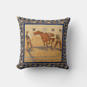 Vintage Western Cowboys and Horse Blue Cushion