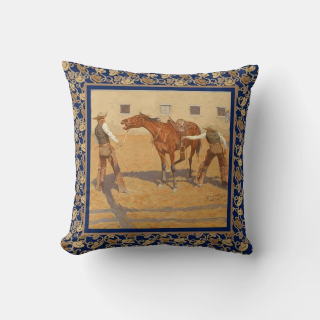 Vintage Western Cowboys and Horse Blue Cushion (Front)