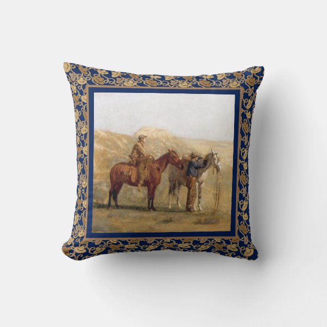 Vintage Western Cowboys and Horses Blue Cushion (Front)