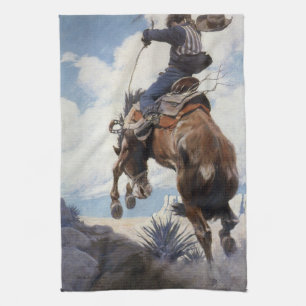 Vintage Western Cowboys, Bucking by NC Wyeth Tea Towel