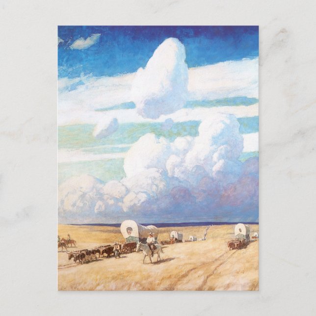 Vintage Western Cowboys, Covered Wagons by Wyeth Postcard (Front)