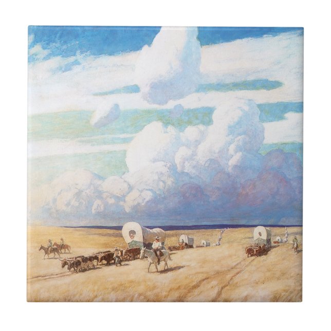 Vintage Western Cowboys, Covered Wagons by Wyeth Tile (Front)