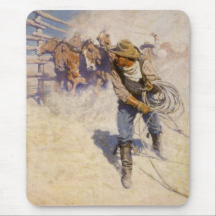 Vintage Western Cowboys, In the Corral by NC Wyeth Mouse Mat