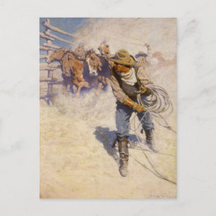 Vintage Western Cowboys, In the Corral by NC Wyeth Postcard