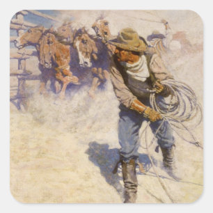 Vintage Western Cowboys, In the Corral by NC Wyeth Square Sticker