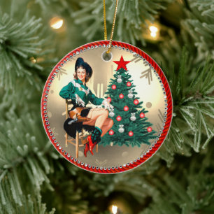 Vintage Western Cowgirl And Christmas Tree Ceramic Tree Decoration