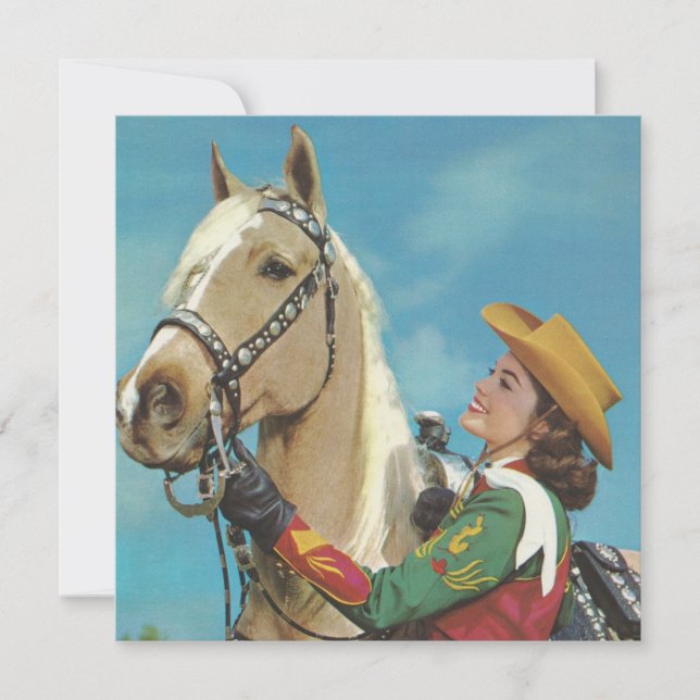 Vintage Western Cowgirl and Palomino Horse Card (Front)