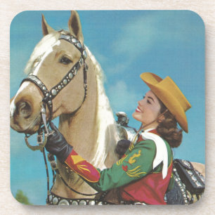 Vintage Western Cowgirl and Palomino Horse Coaster