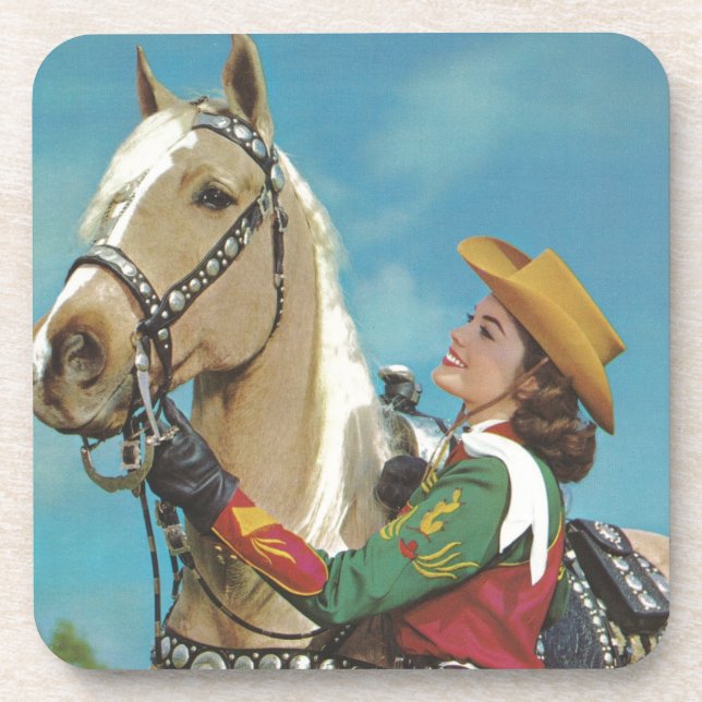 Vintage Western Cowgirl and Palomino Horse Coaster (Front)