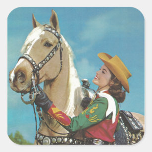 Vintage Western Cowgirl and Palomino Horse Square Sticker