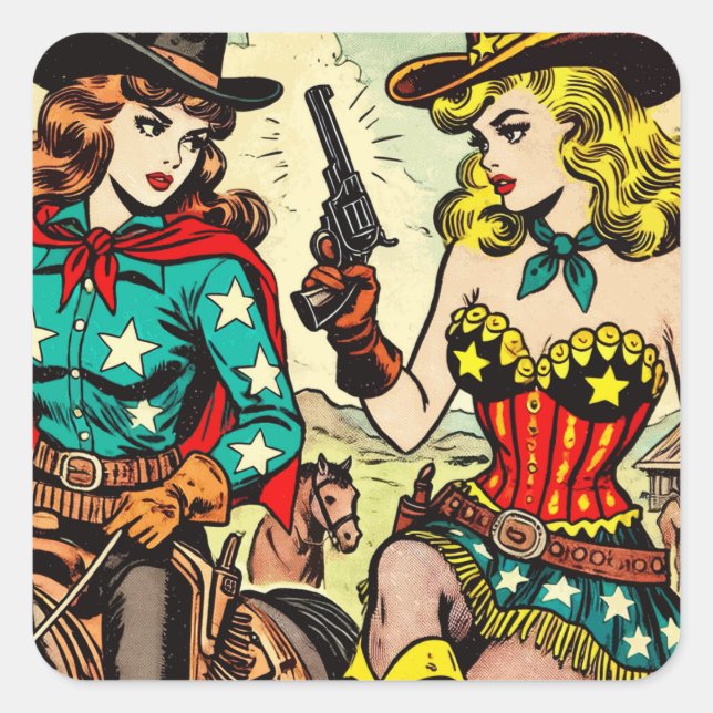 Vintage Western Cowgirl Comics Square Sticker (Front)