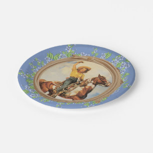 Vintage Western Cowgirl Horse With Rope Flowers Paper Plate