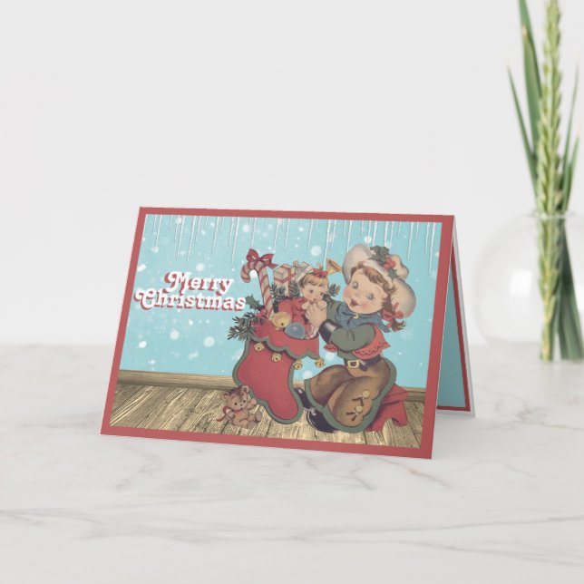 Vintage Western Cowgirl Kid and Christmas Stocking Card (Front)