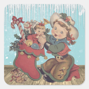 Vintage Western Cowgirl Kid and Christmas Stocking Square Sticker