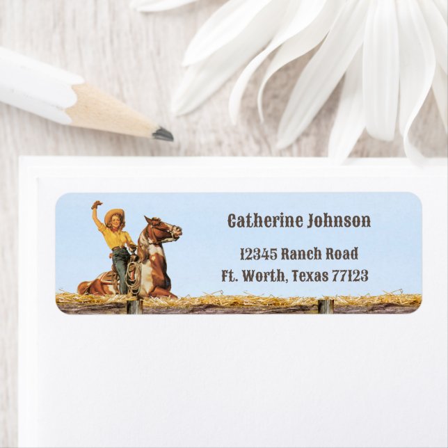 Vintage Western Cowgirl On Horse Waving Address (Insitu)