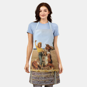 Vintage Western Cowgirl On Horse Waving Apron