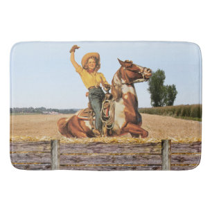 Vintage Western Cowgirl On Horse Waving   Bath Mat